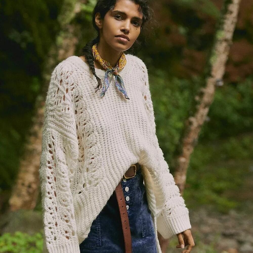 Anthropologie Pilcro Devenne Pointelle Knit Sweater in Ivory Cream